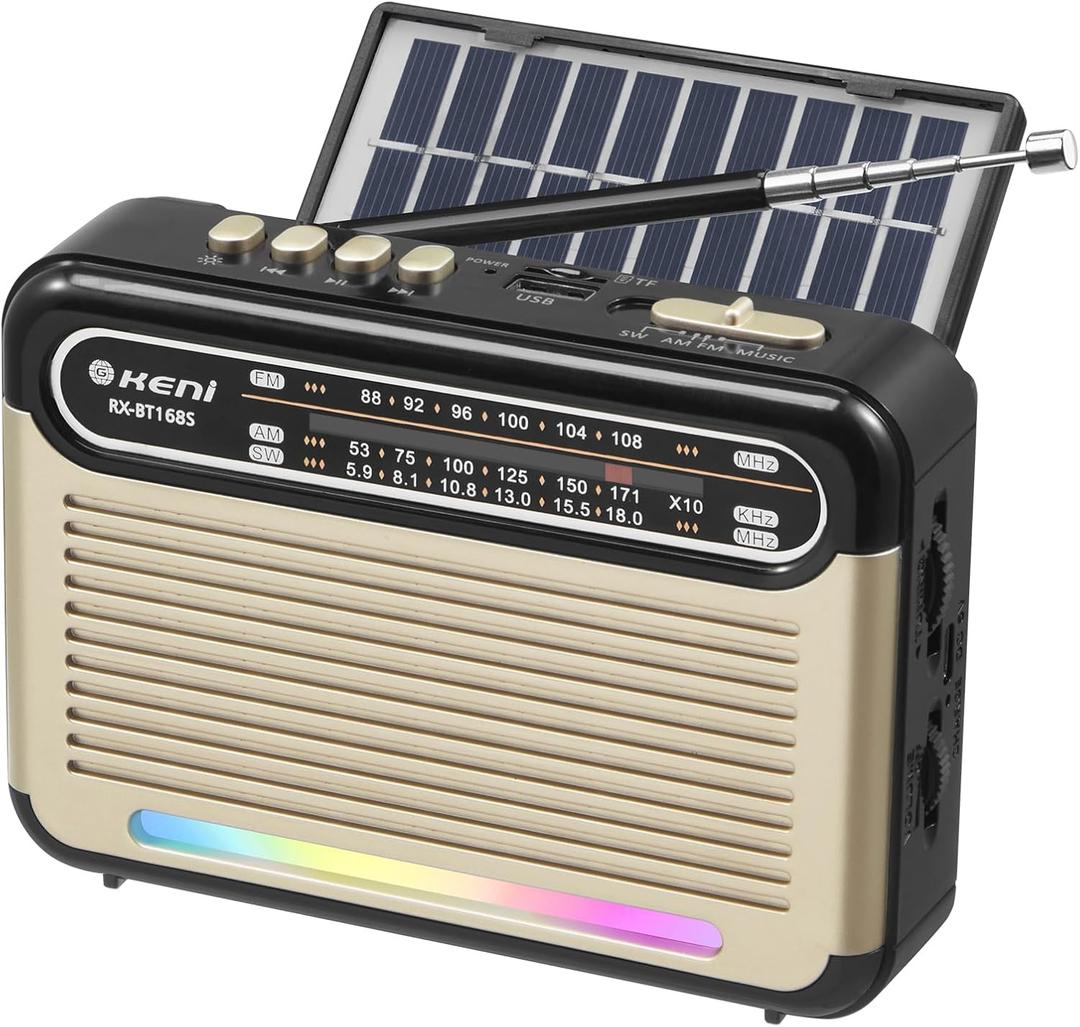 G Keni Portable Solar Radio AM FM SW with Rechargeable Battery Operated, Shortwave Bluetooth Radio Strong Reception, USB/TF Card Input, Solar Panel, Big Speaker with Ambient Light (Golden&Black)