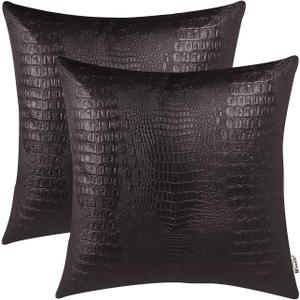 BRAWARM Faux Leather Pillow Covers 20 X 20 Inches, Brown Leather Pillow Covers Pack of 2, Crocodile Leather Decorative Throw Pillows for Living Room Couch Bed Sofa Home