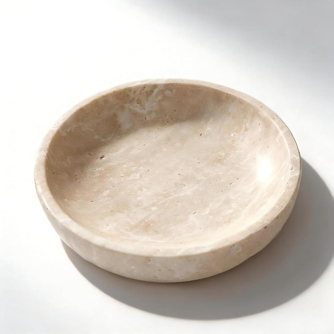 Large Decorative Marble Travertine Bowl, 7.87 inches,Natural Stone Round Bowl for Home Decor, Fruit, Nuts, Jewelry tray,Coffee Tables Tray, Soap Serving, Catchall for Keys