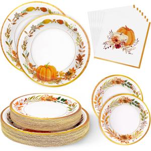 200Pcs Thanksgiving Paper Plates and Napkins, Fall Disposable Dinnerware Set with Pumpkins Maple Leaves Paper Plates Napkins for Thanksgiving Fall Party Supplies
