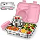 Stainless Steel Bento Box Kids Adult with 8oz Soup Thermo, 3 Compartments Metal Bento Lunch Box with Insulated Food Jar,Lunch Box Container Sauce Cup for School,BPA-Free(Pink)