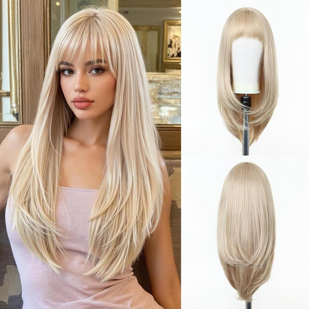 Esmee Long Straight Blonde Wigs for Women with Fringe Natural Synthetic Hair Wig for Daily & Party Use (Blonde 1290-1)