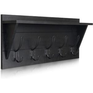 Wall Mounted Coat Rack Shelf, Rustic Wooden Country Style 24" Entryway Shelf with 5 Rustic Hooks Featuring Solid Pine Wood. Perfect Touch for Your Entryway, Mudroom, Kitchen, Bathroom and More, Black