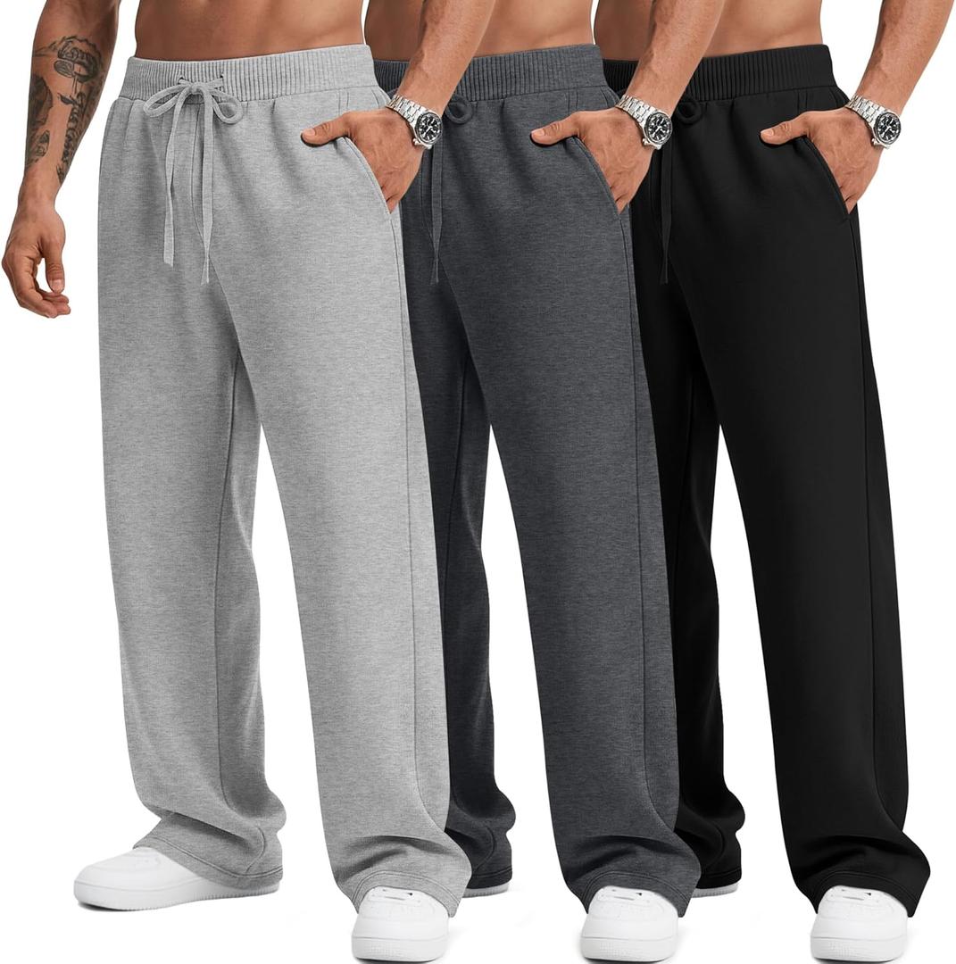 3 Pack Men's Big and Tall Sweatpants Athletic Open Bottom Drawstring Lounge Pants Plus Size Joggers with Pockets (5X-Large, Light Gray, Dark Gray, Black)
