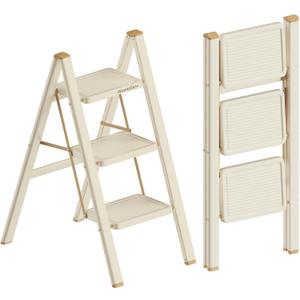 3 Step Ladder, Foldable 3 Step Stool, Cream Chocolate