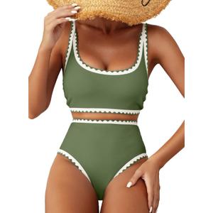Herseas Women's Bikini Sets Floral Print Whip Stitch 2 Piece Swimsuits High Waisted Scoop Bathing Suits (Green, M)