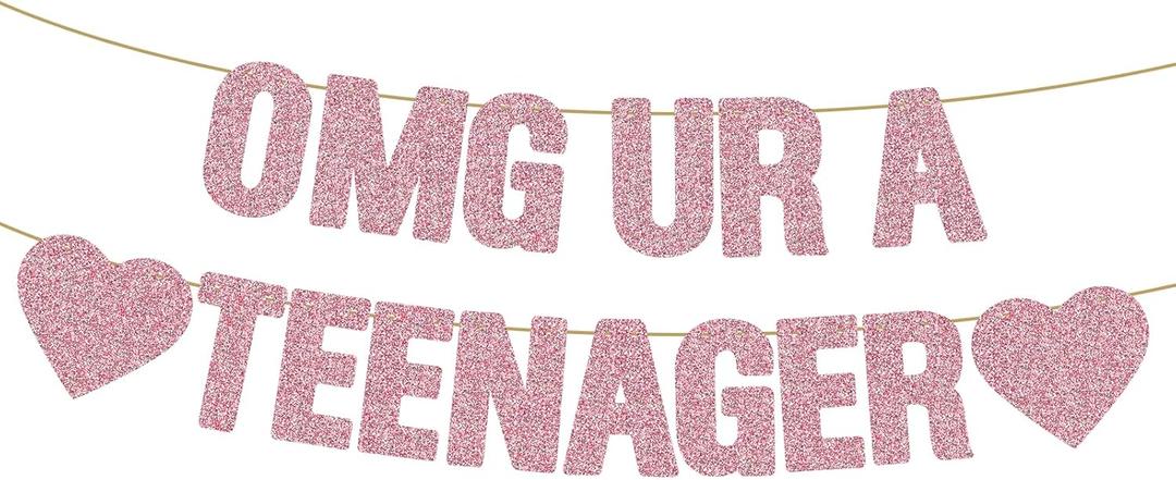 OMG UR A TEENAGER Banner, Pre-Strung 13th Birthday Decorations for Girls Glitter Rose Gold Teen Birthday Banner for 13 Year Old Party Favors Supplies