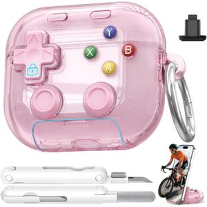 For AirPods 4 Case Cover, with Pressable Button, Safety Lock & Phone Stand,Cool Funny Gifts Case for Women Men to Relief Stress,Clear Pink