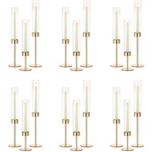 NUPTIO Candle Stick Holder for Wedding: 18 Pcs Tall Hurricane Gold Candles Holder with Clear Glass Chimney Cover - Tapered Candlestick Decor Bulk for Party Centerpiece