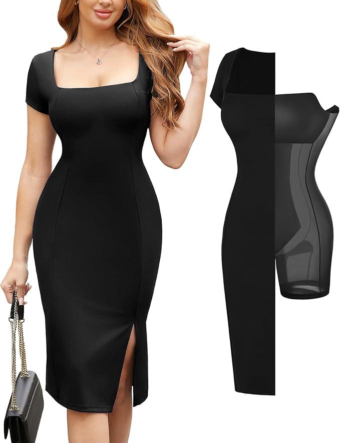 Popilush Summer Cocktail Midi Dresses for Women Shapewear Bodycon Short Sleeve Square Neck Dress  L Black