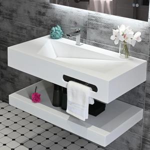 32"x19" Wall Mount Bathroom Vanity with Sink Stone Resin Floating Vanity Sink Rectangular Vessel Sinks for Bathroom White Trough Art Basin with Shelf Layer