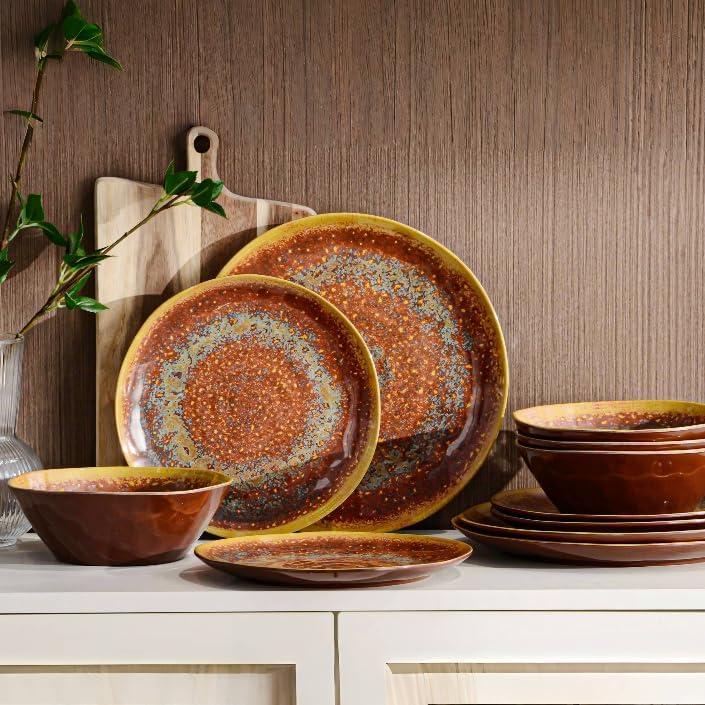 FINE&NICE Melamine Dinnerware Set of 12Pcs, Dish Set for 4, Lightweight Unbreakable Plate and Bowl Set for Patio, RV and Camping, Dishwasher Safe, Rusty Brown