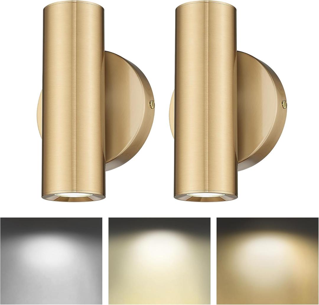 Wall Sconces Set of Two, 2-Light Brass Wall Sconce, Indoor Up and Down Wall Lamp, Wall Light for Bedroom Bathroom Stair Hallway, WL4830-2W-BB-2pk (Brass Gold with Cover)