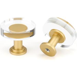 LONTAN 10 Pack Glass Cabinet Knobs Gold Drawer Knobs Round Crystal Cabinet Handles Clear White Hardware for Dresser Bathroom, Aluminum Alloy Base (Single Hole, Brushed Brass&Clear)