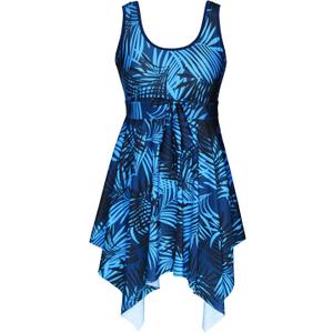 DANIFY Women's Plus Size Swim Dress Tummy Control Swimdress Cover Up Swimwear Retro Skirted Swimsuit One Piece Bathing Suit (48, Blue Leaf)