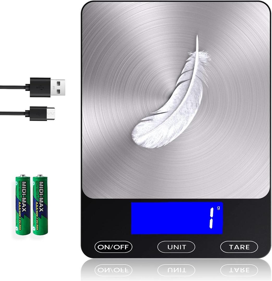 Food Scale -33lb Digital Kitchen Scale for Food Ounces Grams Rechargeable 304 Stainless Steel,Batteries and Type-C Charging | Perfect for Meal Prep, Cooking, and Baking, Black (Medium)