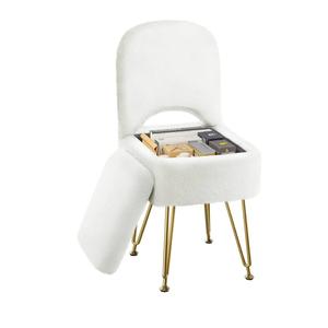 GREENSTELL Small Vanity Stool Chair with Storage and Folding Back, 13.4" x 15" x 30" Square Faux Fur Soft Ottoman, 4 Metal Legs with AntiSlip Feet, Furry Padded Seat for Makeup, Bedroom, White