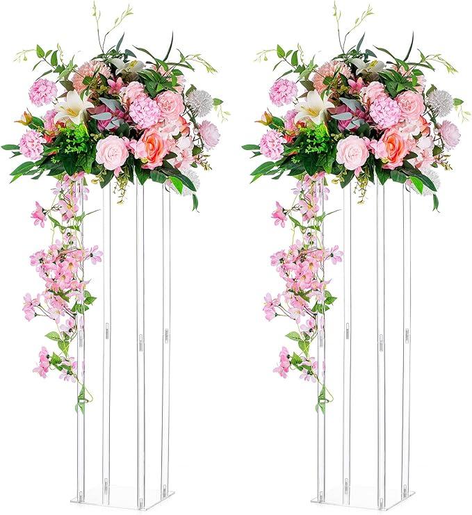 MECCANIXITY Wedding Flower Stand Vase Column, Acrylic Stand 31.5 Inch Tall Rack for Wedding Party Dinner Centerpiece Decorations, Pack of 2
