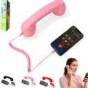 Retro Phone Handset for Type-C Devices, Vintage Style Cell Phone Receiver with Volume Control & Mic, Noise Reduction Wired Landline Handle Receiver for Mobile Video Conferences,Calls,Meetings (Pink)