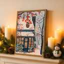 Christmas Wall Art Fine Snowy Street Wall Decor Pictures, Winter Cozy French Bakery Cafe Canvas Prints Paintings for Living Room Bedroom Dorm 12x16 inch Wood Framed