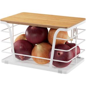 Pantry Organization & Kitchen Storage Containers - Stackable Fruit and Vegetable Storage with Lightweight PP Mat & Bamboo Top for Snacks, Produce,White