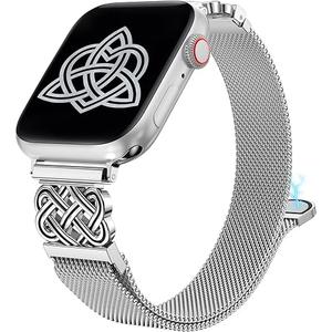 Stainless Steel Magnetic Loop Compatible with Apple Watch Band 41/40/38/49/46/45/44/42mm Women Mesh Celtic Knot Dressy Strap for iWatch Series 11/10/9/8/7/6/5/4/3/2/1/SE & Ultra(1/2/3), Silver/Black