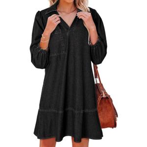 Dokotoo Denim Dress for Women Summer Casual Babydoll 2025 V Neck 3/4 Puff Sleeve Jean Dresses (Size Large, Carbon Grey)