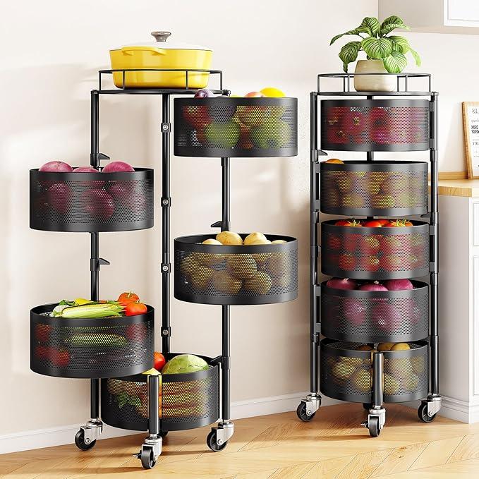 SNTD Fruit and Vegetable Basket Bowls for Kitchen with Metal Top Lid, 5 Tier Rotating Storage Rack Cart for Potato Onion Banana, Wire Basket Organizer on Wheels, Large (Black)