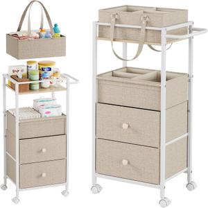 Baby Diaper Caddy Organizer Cart with Drawers - 3In1 Rolling Storage Cart with Wheels, Removable Diaper Caddy, Detachable Dividers - for Crib, Bedroom, Art & Craft Organizer (Off White)