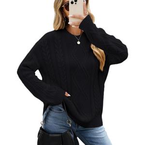 CiCiBird Women Fall Sweater Oversized Cable Knit Tops Fashion Crewneck Pullover 2025 Long Sleeve Outfits (Black, L)