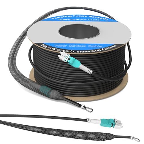 100M/328FT OM3/OM4 LC to LC Outdoor Armored Fiber Optic Patch Cable, Multimode Duplex 50/125μm, 10Gb/40Gb/100Gb, Industrial TPU Jacket, Direct Burial, Uniboot, MMF, OD 5mm, Pulling Eye Kit Installed
