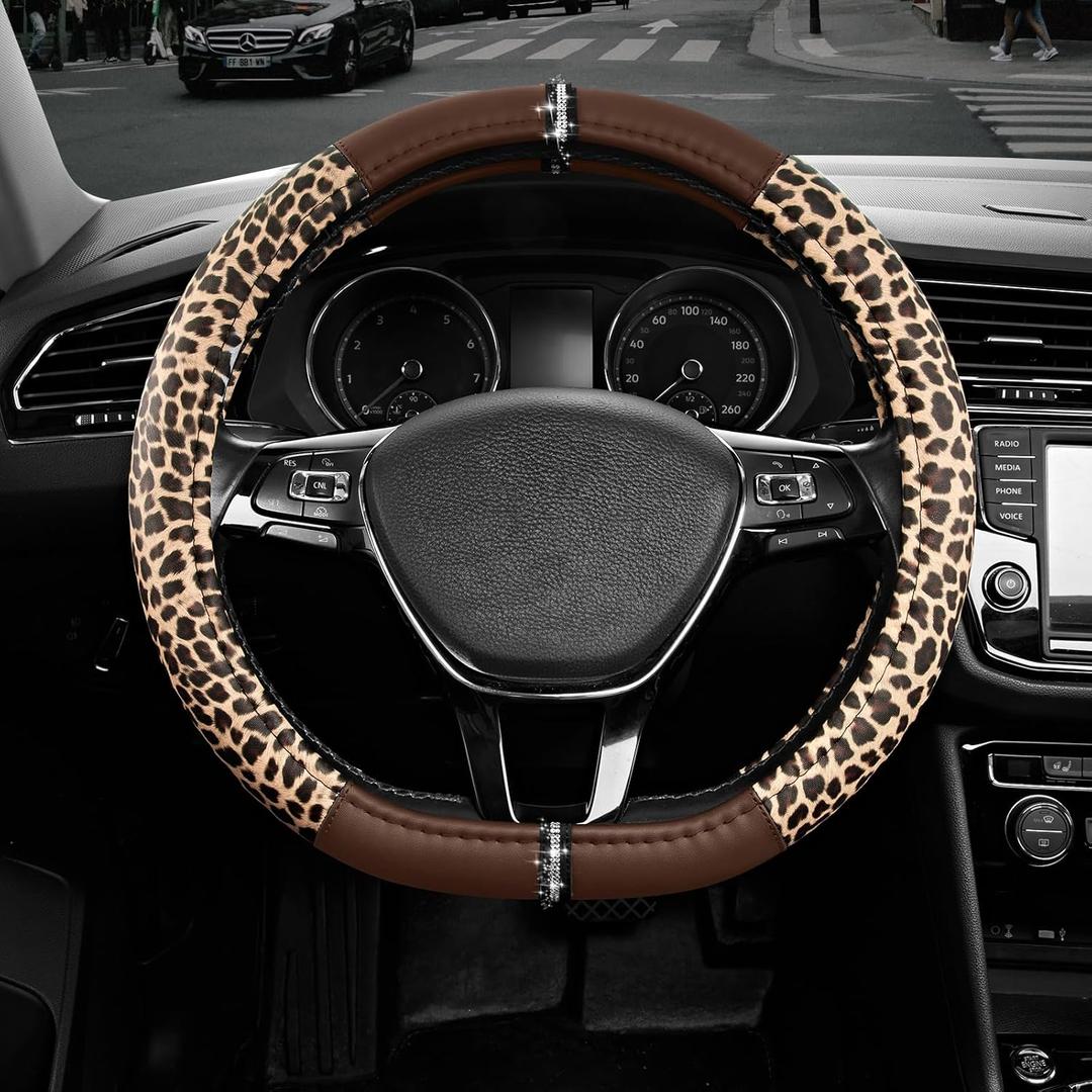 Road Comforts Leopard Steering Wheel Cover for Women, Cute Anti-Slip Microfiber Leather, Fits D Shape Flat Bottom Steering Wheel 14.5-15 Inch - Brown