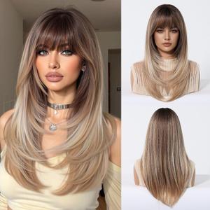Blonde Wigs with Bangs Long Wavy Wig for Women Ombre Wig with Brown Root Synthetic Fiber Wig for Daily Festival Holiday Use