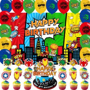Super Theme Hero Birthday Party Supplies ,Super Theme Hero Party Decorations Includes Backdrop,Balloons,Cake Toppers,Cupcake Toppers for Hero Birthday Party Decorations