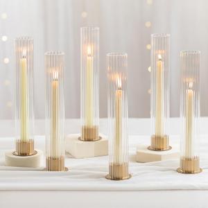 NUPTIO Candlestick Holder with Fluted Hurricane: Set of 6 Metal Candle Holders with Glass Cylinders - Gold Taper Candleholders for Birthday Valentine Wedding Table Centerpiece Outdoor Decor