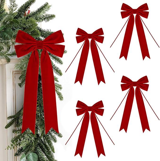 Christmas Bows for Gift Wrapping 8 X 14 Inch Long Velvet Ribbon Bows for Tree Wreath, Garland, Fireplace, Stairs, Mirror, Door, Holiday Crafts Decor, Pack of 4 (Red)