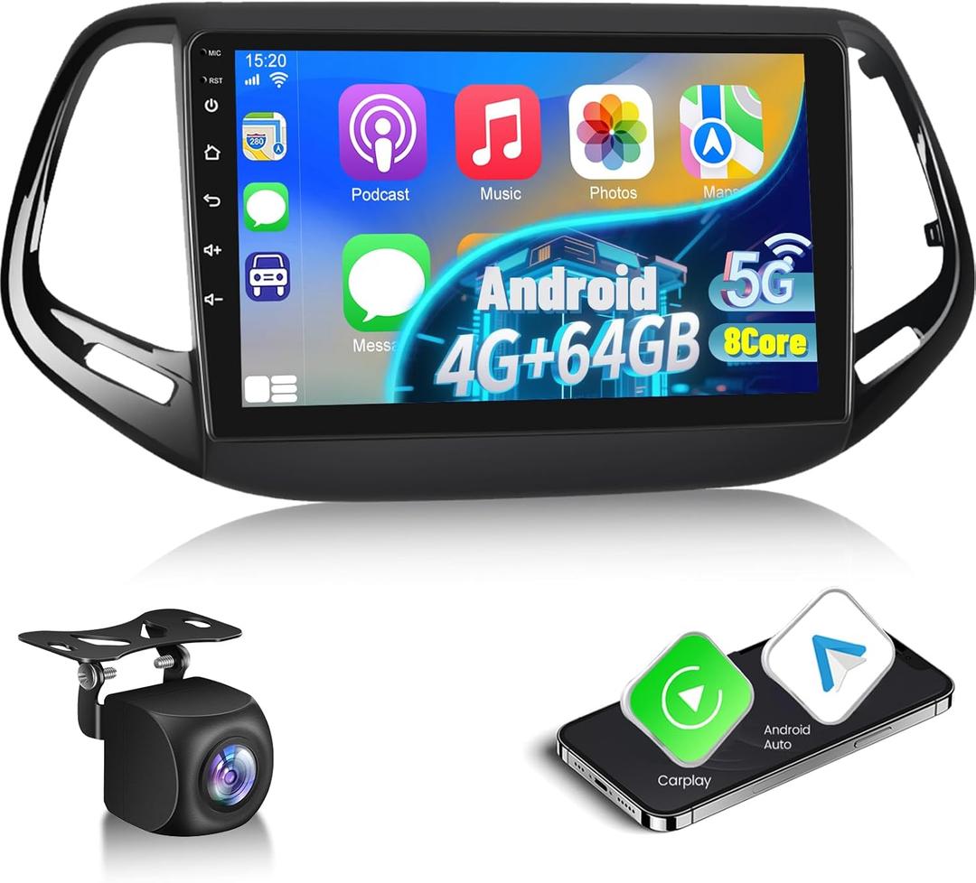 8 Core Android 15 Car Stereo for Jeep Compass 2017 2018 2019 with Carplay & Android Auto - 10 Inch 1280 * 720P Touchscreen Radio with DSP/Heat Dissipation Function/5G WiFi GPS/Backup Camera, 4G+64G