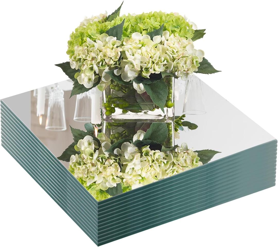 JAMBALAY 12" Glass Mirror Centerpieces for Table, Set of 12 Mirror Centerpieces, Square Glass Mirror Tiles, Candle Plates, Tray, for Wedding and Parties