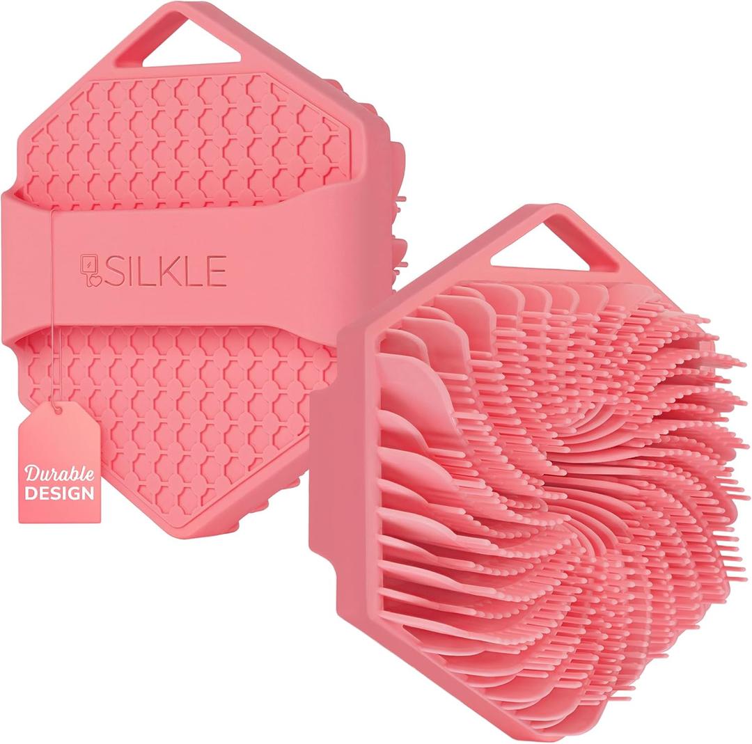 SILKLE Silicone Body Scrubber  Gentle Exfoliating Shower Scrubber for Body & Bath, Silicone Shower Brush & Loofah Alternative  Non-Slip Silicone Body Brush, Quick Dry, Hygienic - Pink