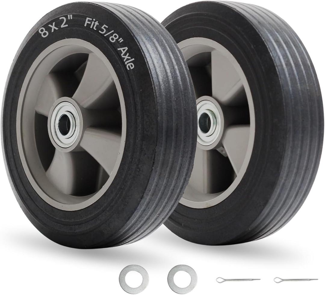 GICOOL 8" x 2" Flat-Free Solid Rubber Tire and Wheel with Ball Bearings and 5/8" Axle Bore Hole, 2" Offset Hub, For Hand Truck Dolly Trolley Garden Wagon Cart Generator Replacement Tire, 2 Pack