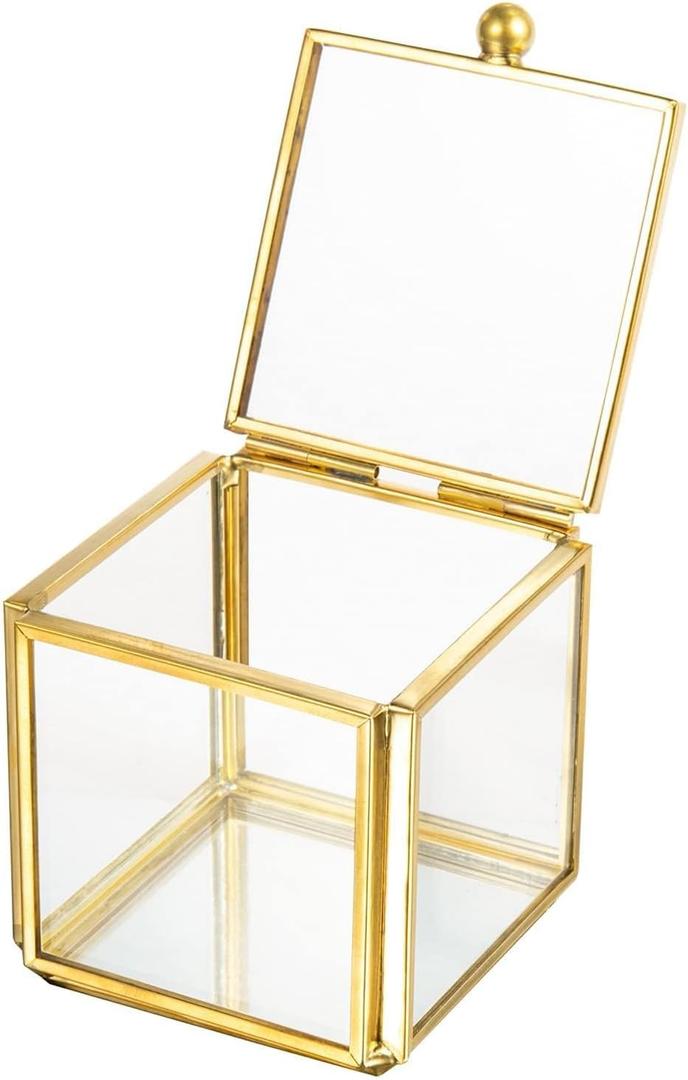 Feyarl Small Glass Jewelry Trinket Box Ornate Rings Earrings Display Shadow Box Treasure Chest Organizer Decorative Keepsake Case with Lid for Wedding Birthday Gift (Gold)