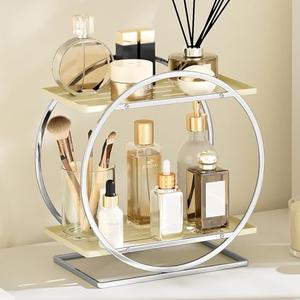 YIWANFW Perfume Organizer for Dresser, 2-Tier Bathroom Counter Organizer, Elegant Makeup Organizer for Vanity, Multi-Purpose Cosmetics Skincare Organizers Countertop (Silver Frame & Cream White Tray)
