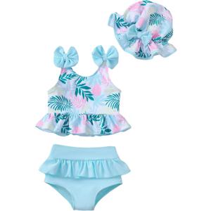 Mioglrie Baby Infant Swimsuit Girl Toddler Bathing Suit Girl Summer Beach Bikini Tankini Swimwear Hat 3-24 Months 2t-5t (Blue Hawaiian)