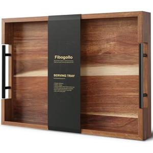 Fibogollo Acacia Wood Serving Tray with Metal Handles,17x12in Ottoman Decorative Trays Platter for Coffee Table,Living Room,Bar,Party(Large)