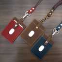 Badge Holder: Boshiho Cowhide Leather ID Badge Card Holder with 19" Neck Lanyard, Vertical Style (Brown-Blue)