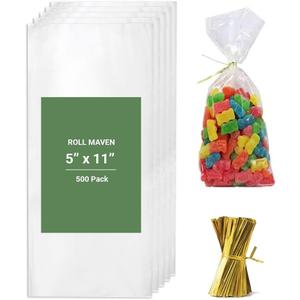Roll Maven Cello Bags 500 Pieces 5x11 Inches OPP Plastic Cellophane Gift Bags for Packaging Cookies, Pretzel Rod, Sandwich, Candy, Chocolate, Clear Party Favor Bags with Twist Ties