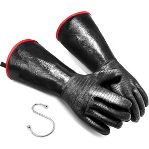 BBQ Gloves - 1472F Thicken Heat Resistant Gloves w/S-Hook 14 in Kitchen Oven Mitts Waterproof Grill Gloves Oil Resistant Grilling Gloves Cooking Gloves for Turkey Fryer/Baking/Oven/Smoker (Black)
