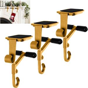 Fireplace Stocking and Garland Hanger with Two Hooks,Adjustable Mantle Holder- Hold Christmas Decoration and Hang Garland-No Drill,Durable Wrought Iron Holds Up to 20 lbs(3Pcs,Gold)