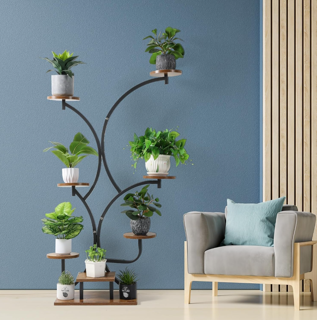 6 Tier Tall Plant Stand Indoor, Metal Wood Flower Shelf for Multiple, Corner Tiered Plants Shelf, S-Shaped Plant Rack for Patio Garden Living Room Outdoor Yard Balcony Bedroom, Rustic Brown