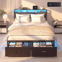 Aelawe Queen Bed Frame with 2 Drawers, Platform Bed Frame with LED Lights and Charging Station, Upholstered Headboard, Heavy Duty Metal Slats, No Box Spring Needed, Noise Free, Easy Assembly